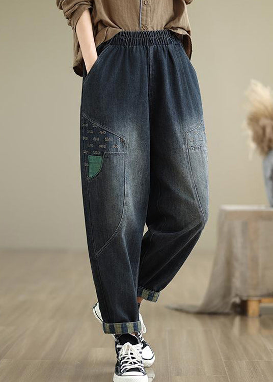 Women Navy Pockets Elastic Waist Denim Pants Fall