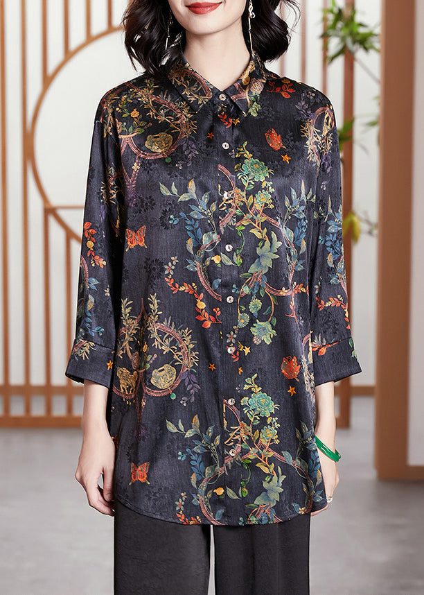 Women Navy Print Button Patchwork Silk Shirt Tops Fall