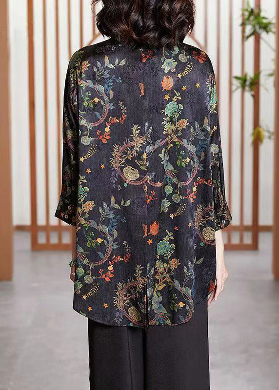 Women Navy Print Button Patchwork Silk Shirt Tops Fall