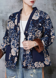 Women Navy Print Chinese Button Warm Fleece Coat Spring