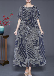 Women Navy Print Exra Large Hem Chiffon Holiday Dress Butterfly Sleeve