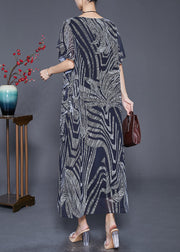 Women Navy Print Exra Large Hem Chiffon Holiday Dress Butterfly Sleeve