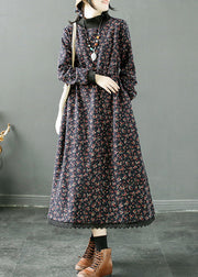 Women Navy Print Lace Up Patchwork Fleece Long Dress Winter