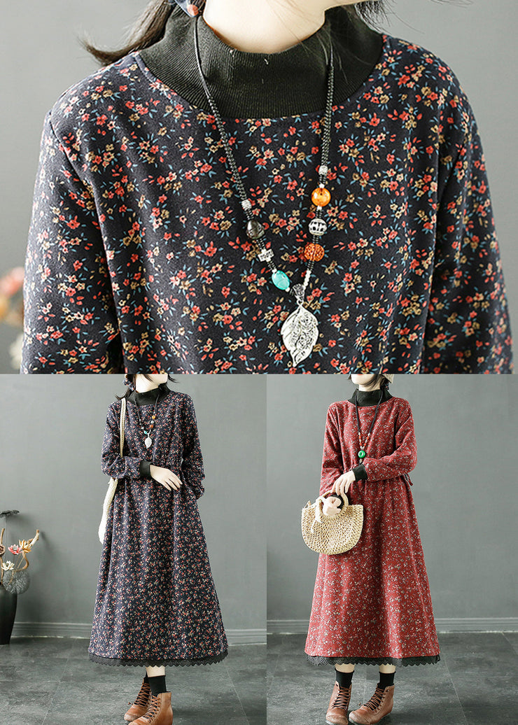 Women Navy Print Lace Up Patchwork Fleece Long Dress Winter