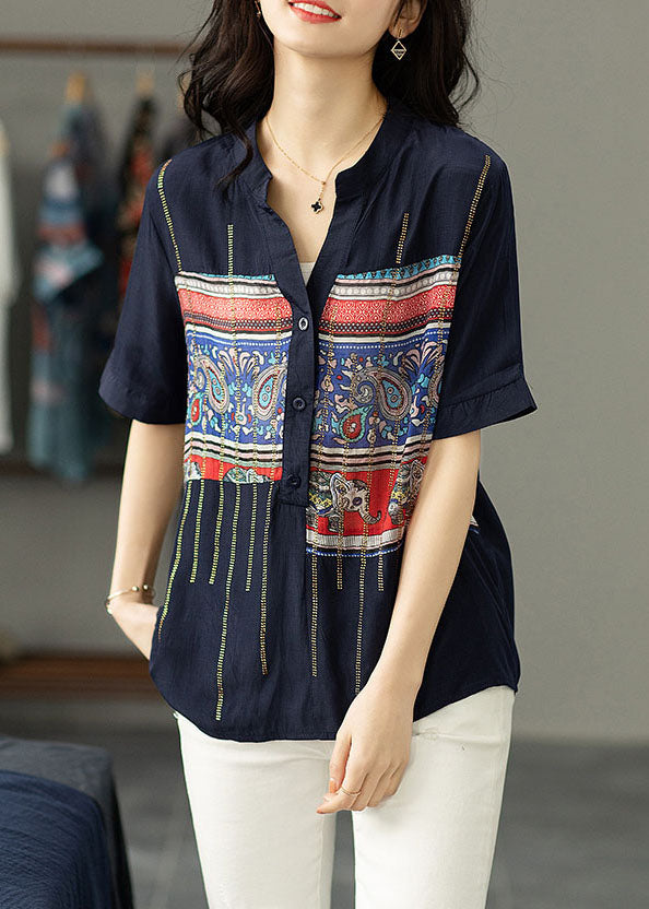 Women Navy Print Zircon Patchwork Cotton Shirt Tops Summer