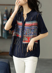 Women Navy Print Zircon Patchwork Cotton Shirt Tops Summer