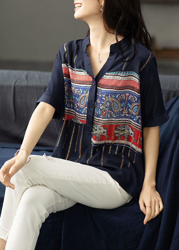 Women Navy Print Zircon Patchwork Cotton Shirt Tops Summer