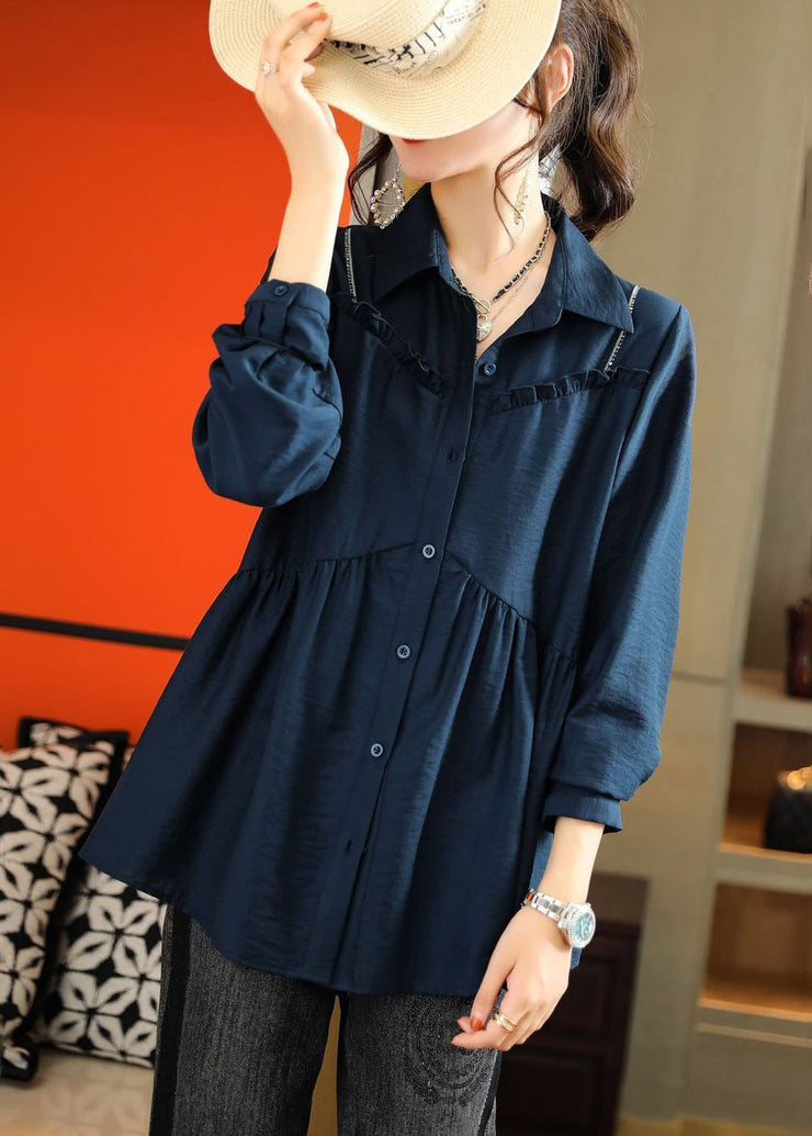 Women Navy Ruffled Patchwork Wrinkled Cotton Shirt Top Summer