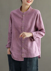 Women Navy Stand Collar Asymmetrical Patchwork Linen Shirt Top Long Sleeve