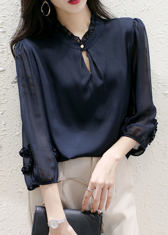 Women Navy Stand Collar Ruffled Patchwork Silk Top Spring