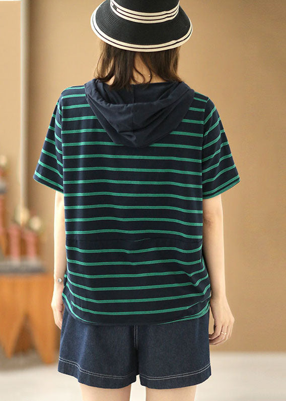 Women Navy Striped Drawstring Hooded Cotton Pullover Streetwear Short Sleeve