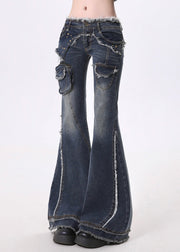 Women Navy Tasseled Patchwork Pockets Denim Flare Bottoms Pants Spring