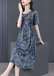 Women Navy Tie Waist Print Silk Robe Dresses Summer