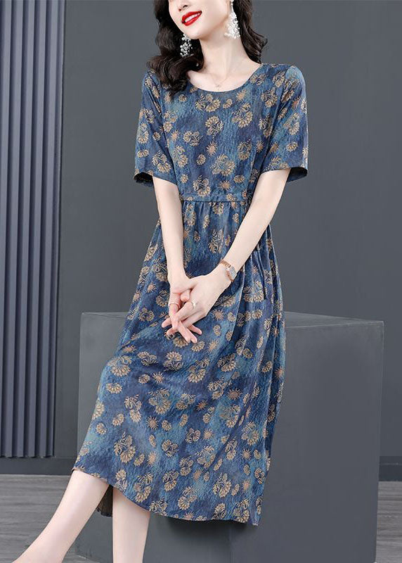 Women Navy Tie Waist Print Silk Robe Dresses Summer