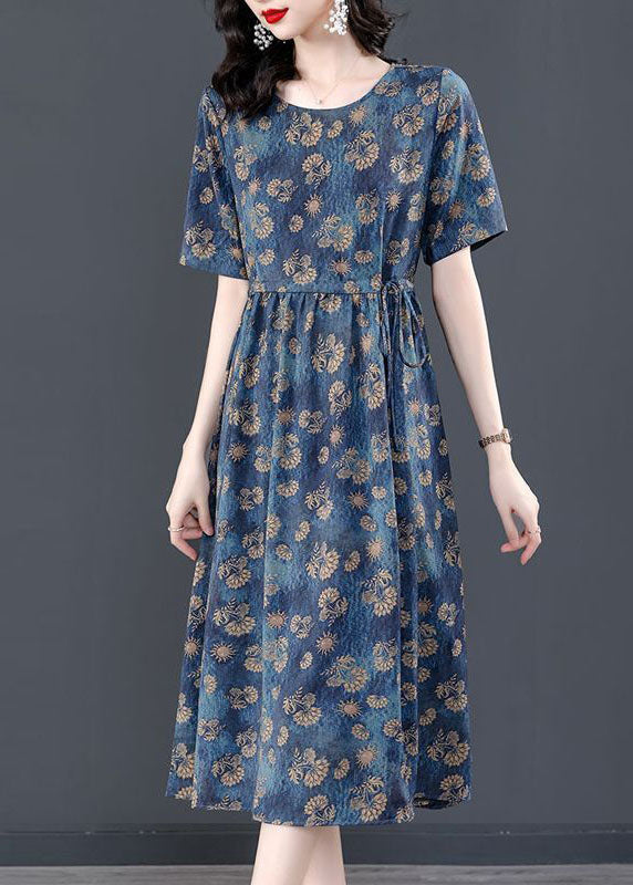 Women Navy Tie Waist Print Silk Robe Dresses Summer