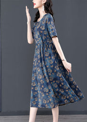 Women Navy Tie Waist Print Silk Robe Dresses Summer