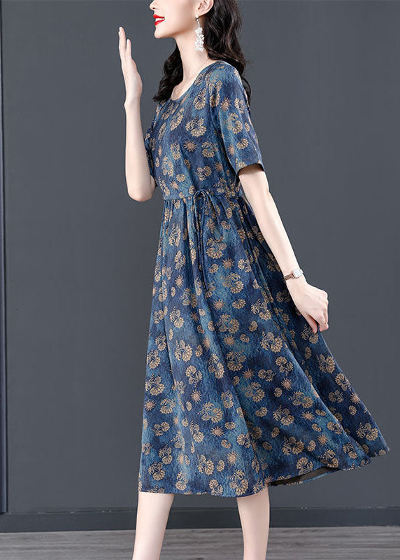 Women Navy Tie Waist Print Silk Robe Dresses Summer