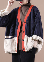 Women Navy V Neck Patchwork Button Thick Knit Sweaters Coats Fall