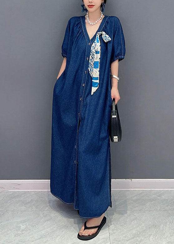 Women Navy V Neck Tie Waist Side Open Patchwork Denim Dress Summer