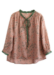 Women Neck Tie Ruffled Print Low High Design Linen Shirt Long Sleeve