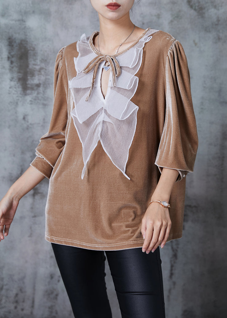 Women Nude Oversized Patchwork Silk Velour Shirts Fall