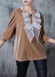 Women Nude Oversized Patchwork Silk Velour Shirts Fall