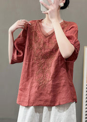 Women Nwe Purple V Neck Embroidered Linen Top Summer