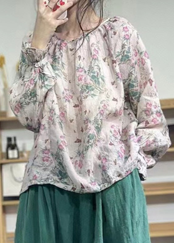 Women O-Neck Print Linen Top Long Sleeve