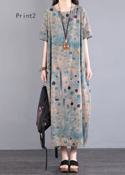 Women O Neck Print Patchwork Cotton Long Dresses Summer