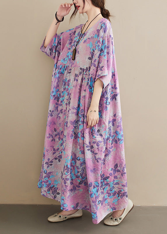 Women O-Neck Print Patchwork Wrinkled Cotton Maxi Dresses Summer