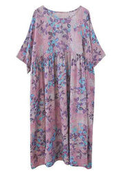 Women O-Neck Print Patchwork Wrinkled Cotton Maxi Dresses Summer