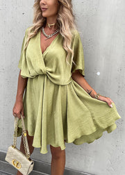 Women Olive Green V Neck Solid Cotton Mid Dress Half Sleeve