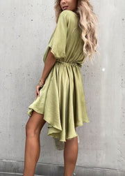 Women Olive Green V Neck Solid Cotton Mid Dress Half Sleeve