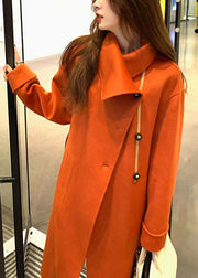 Women Orange Asymmetrical Tie Waist Woolen Trench Fall