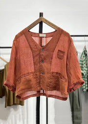 Women Orange Button Pockets Linen Cardigan Spring