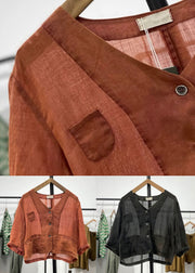 Women Orange Button Pockets Linen Cardigan Spring