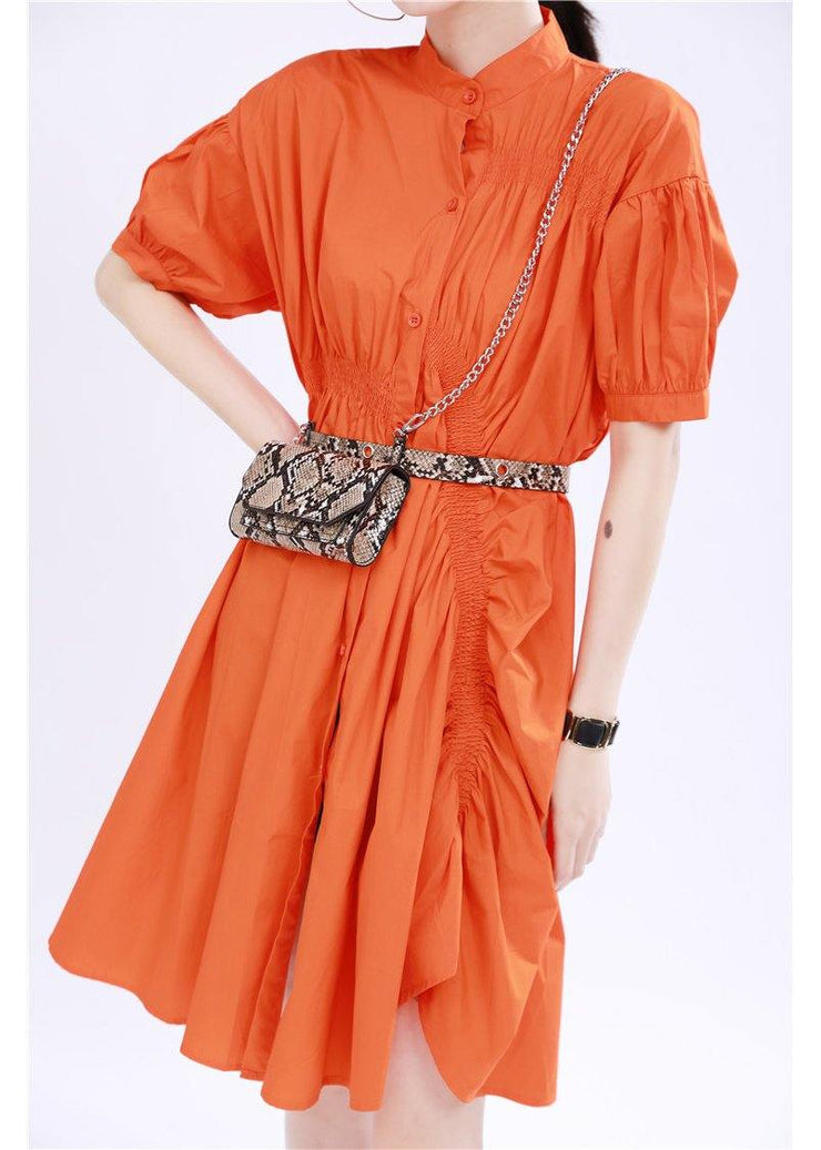 Women Orange Cinched Mid Summer Cotton Dress