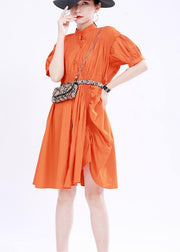 Women Orange Cinched Mid Summer Cotton Dress