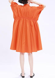 Women Orange Cinched Mid Summer Cotton Dress