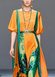 Women Orange Cinched Print Silk Ankle Dress Lantern Sleeve