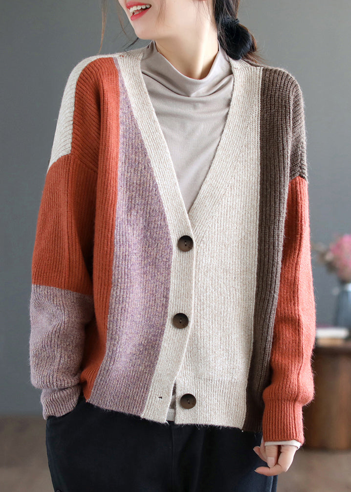 Women Orange Colorblock Button Patchwork Knitting Cardigan Fall