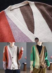 Women Orange Colorblock Button Patchwork Knitting Cardigan Fall