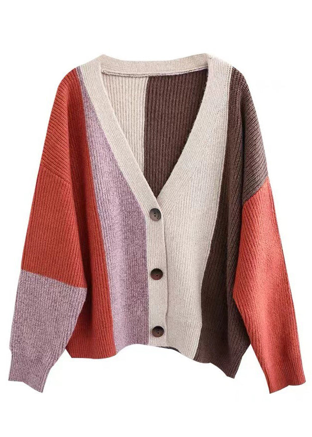 Women Orange Colorblock Button Patchwork Knitting Cardigan Fall