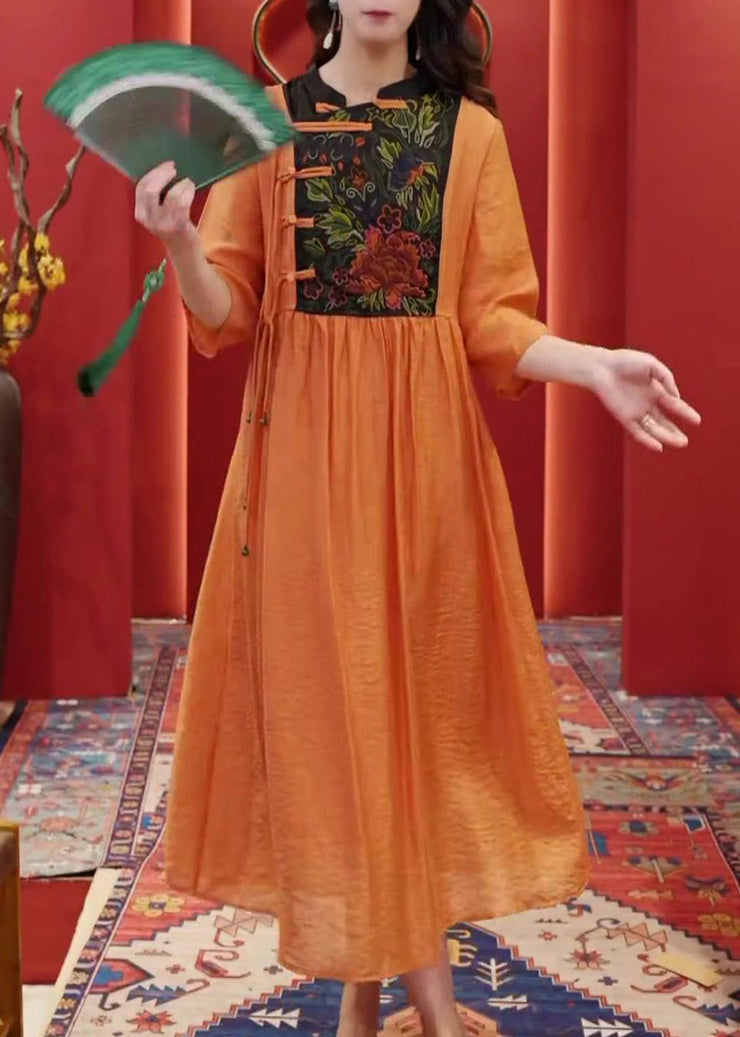 Women Orange Embroidered Button Cotton Dresses Half Sleeve
