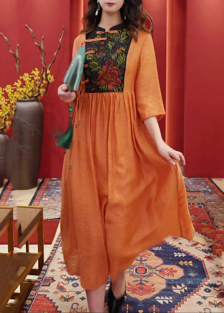 Women Orange Embroidered Button Cotton Dresses Half Sleeve