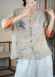 Women Orange Embroidered Patchwork Linen Shirt Bracelet Sleeve