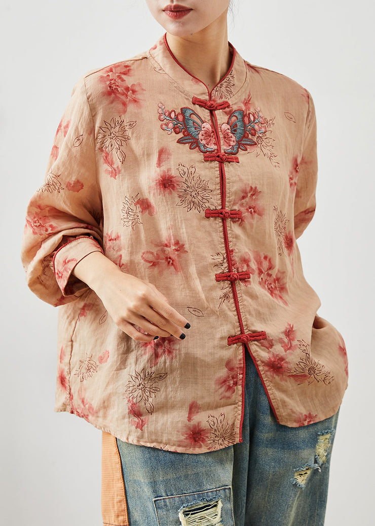 Women Orange Embroidered Print Linen Blouse Top Summer