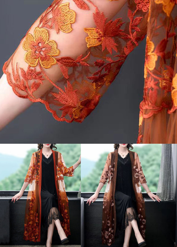 Women Orange Embroidered Patchwork Tulle Long Dresses Summer