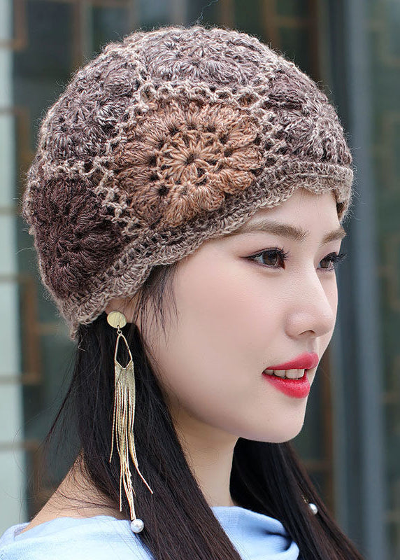 Women Orange Hollow Out Multicolor Flower Knit Bonnie Hat