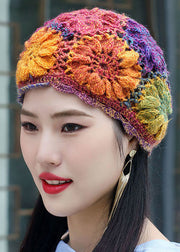 Women Orange Hollow Out Multicolor Flower Knit Bonnie Hat